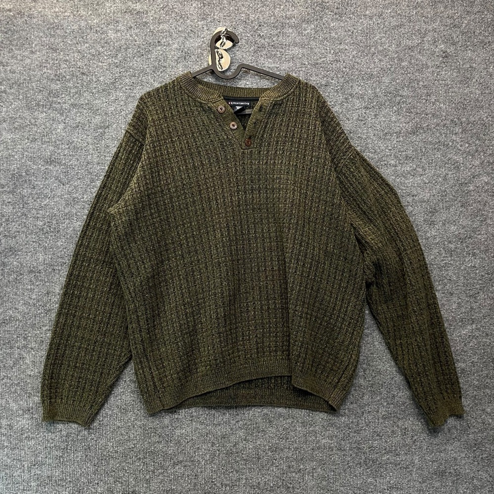 Knightsbridge Henley Sweater Men's Green Waffle Knit Long Sleeve Classic - Large